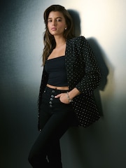 črna - Embellished Stud Ruched Sleeve Occasion Blazer - Slika 5 iz 10
