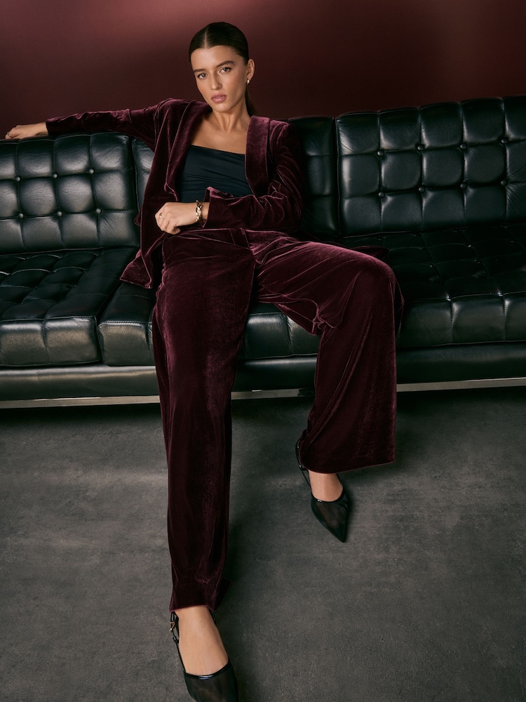 Burgundy Velvet Elastic Back Wide Leg Trousers - Image 2 of 7 Burgundy Velvet Elastic Back Wide Leg Trousers - Image 2 of 7