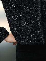 Black Velvet Sequin Embellished Jacket - Image 4 of 7