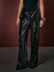 Black Velvet Sequin Wide Leg Trousers - Image 4 of 8