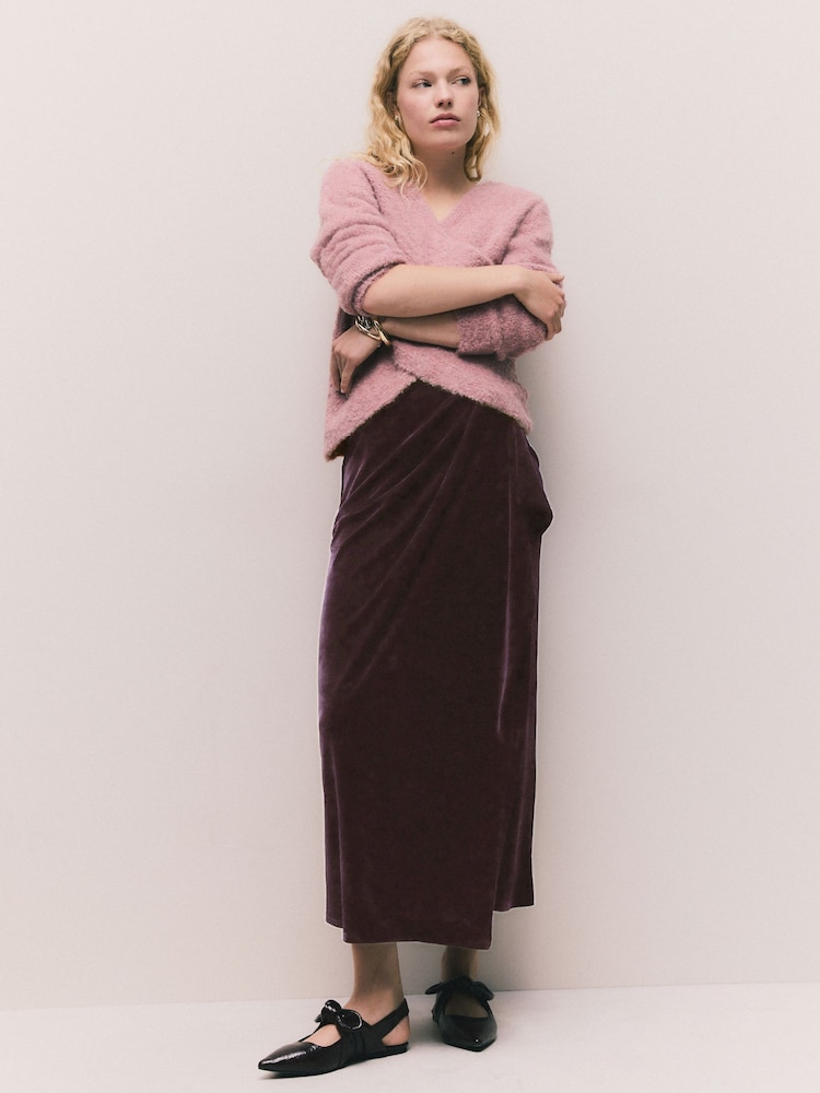Chocolate Brown Matte Velvet Drape Midi Skirt - Image 1 of 7 Chocolate Brown Matte Velvet Drape Midi Skirt - Image 1 of 7