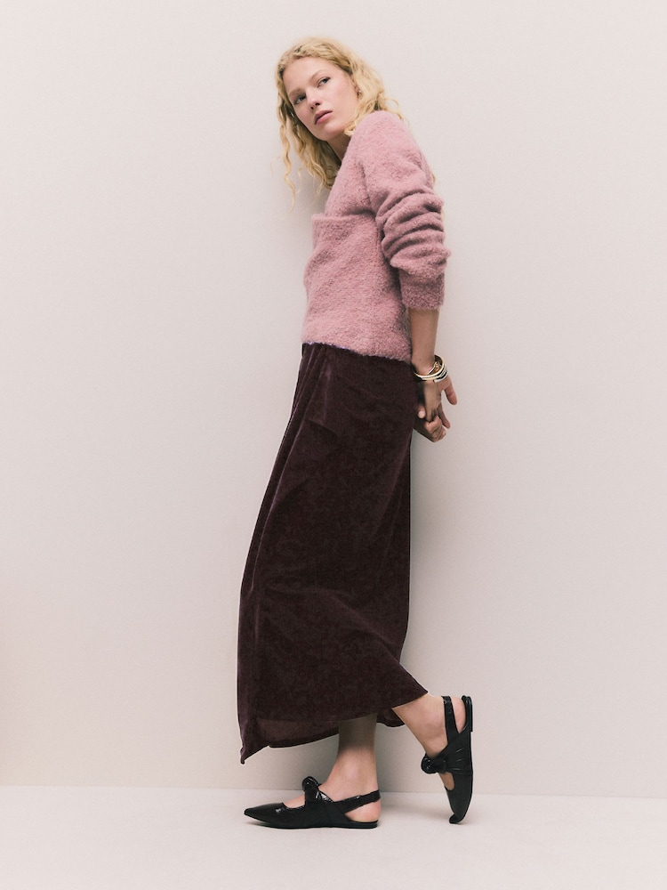 Chocolate Brown Matte Velvet Drape Midi Skirt - Image 2 of 7 Chocolate Brown Matte Velvet Drape Midi Skirt - Image 2 of 7