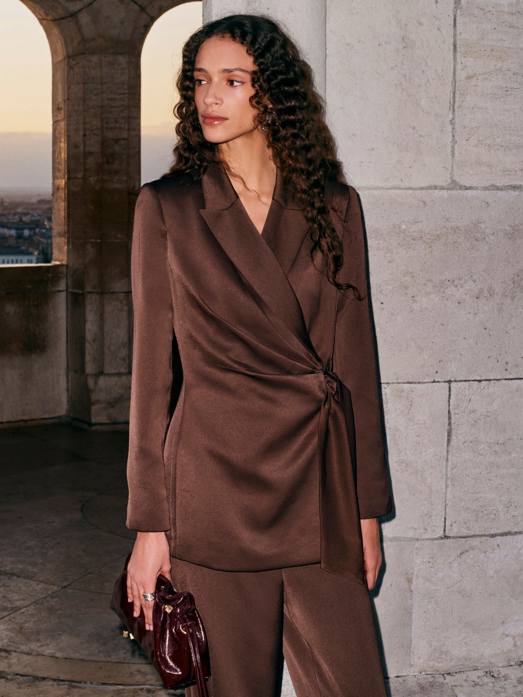 Buy Chocolate Brown Satin Wrap Blazer from Next USA