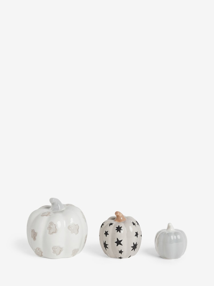 3 Pack Cream Halloween Ceramic Pumpkin Ornaments - Image 4 of 5
