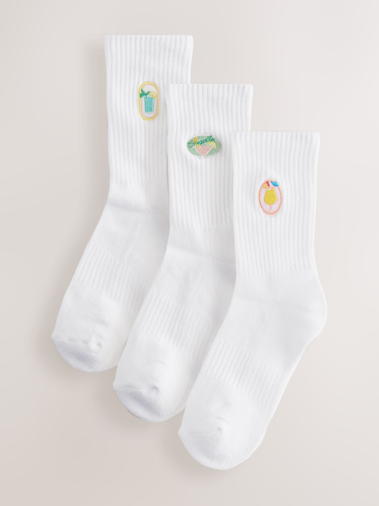 Cocktail Motif Cushion Sole Ribbed Sport Ankle Socks 3 Pack With Arch Support - Image 1 of 6