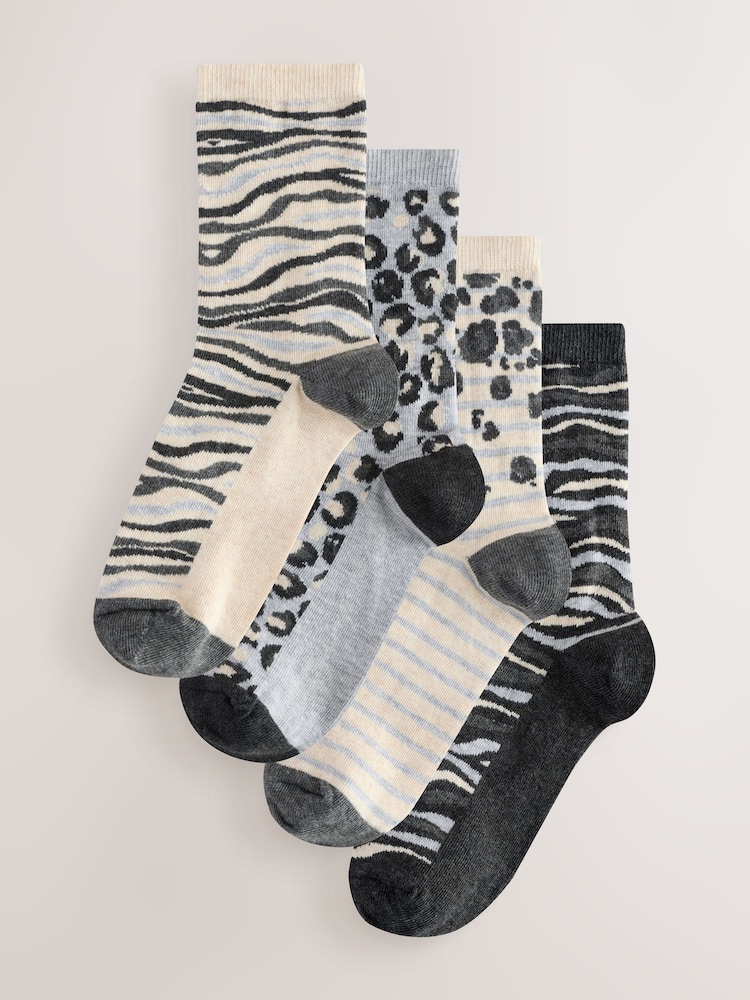 Black/White Animal Print Ankle Socks 4 Pack - Image 1 of 7