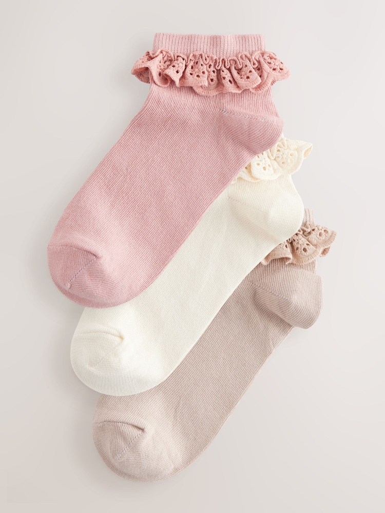 Pink Broderie Trim Trainer Socks 3 Pack - Image 1 of 6
