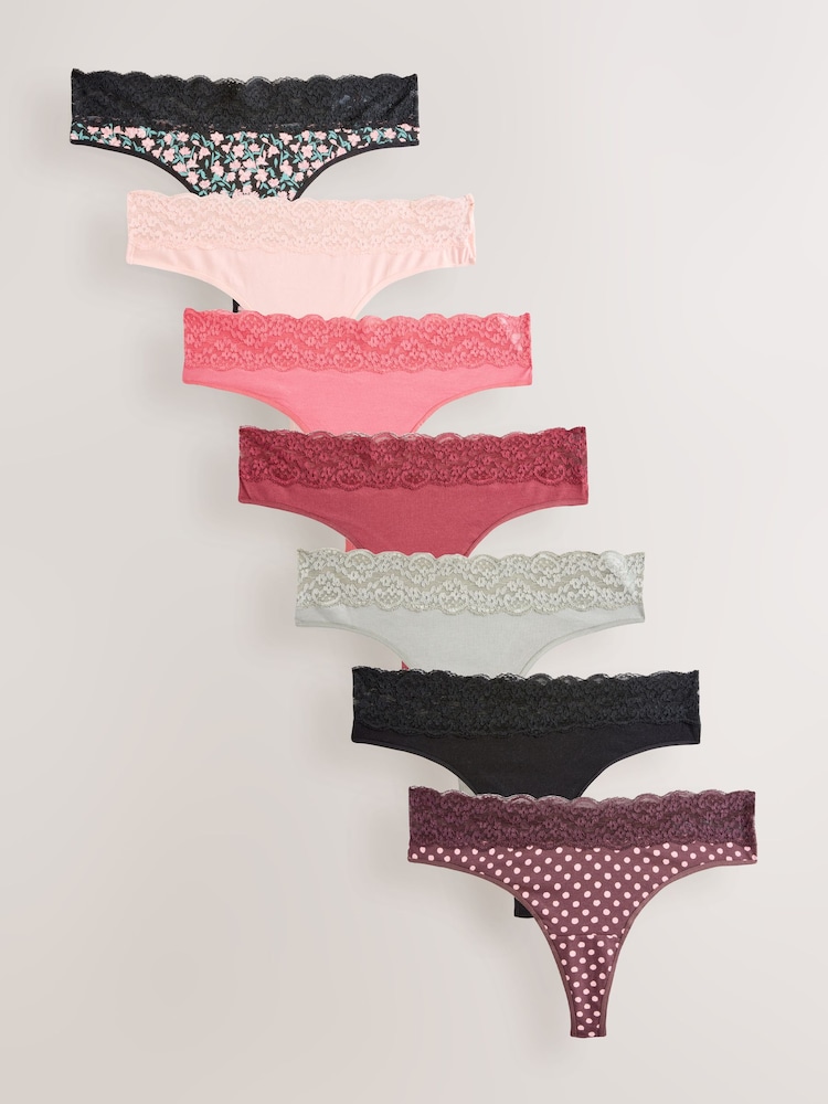 Pois imprimés - Culotte en coton et dentelle 7 Pack - Image 1 of 10