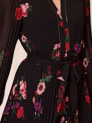 Love & Roses Black PU Trim V-Neck Pleated Mini Dress - Image 2 of 4