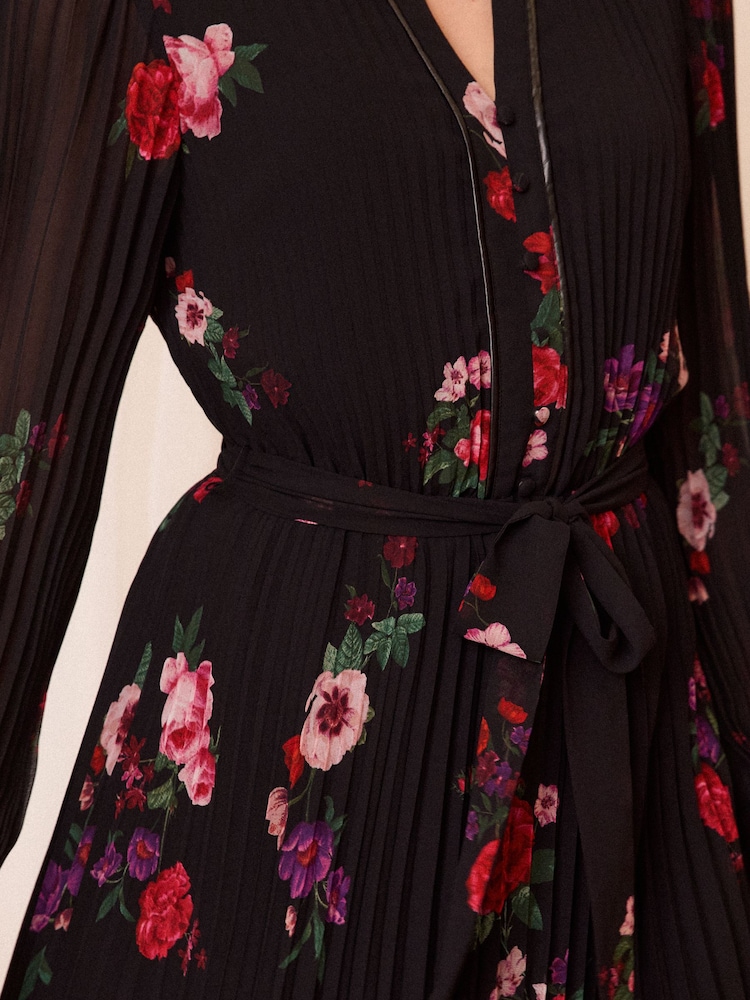 Love & Roses Black PU Trim V-Neck Pleated Mini Dress - Image 2 of 4