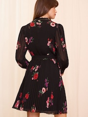 Love & Roses Black PU Trim V-Neck Pleated Mini Dress - Image 4 of 4