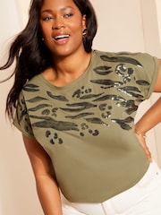 Curves Like These Green Oversized Short Sleeve Sequin 100% Cotton Tunic - Image 2 of 8
