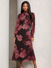 Lipsy Purple Petite Leopard Print Long Sleeve Woven Underbust Midi Dress - Image 3 of 4