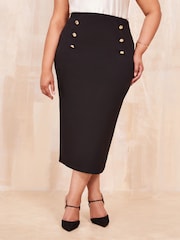 Curves Like These Black Button Front Scuba Midi Skirt - Image 1 of 4
