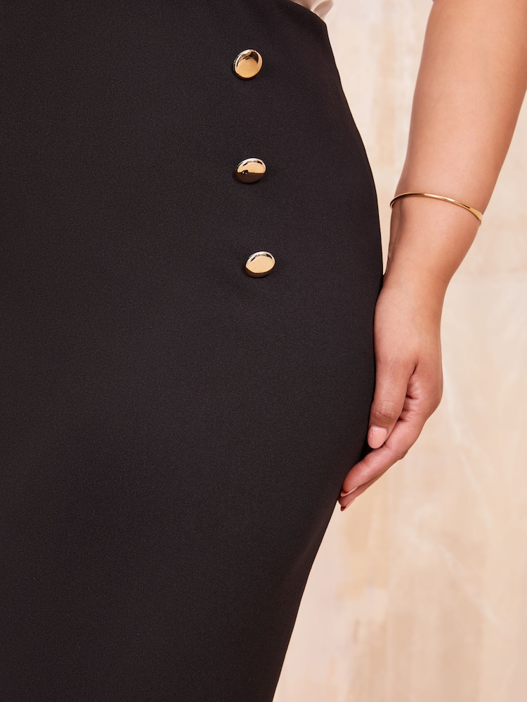 Curves Like These Black Button Front Scuba Midi Skirt - Image 3 of 4