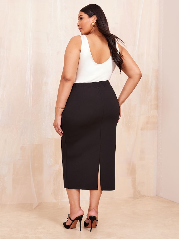 Curves Like These Black Button Front Scuba Midi Skirt - Image 4 of 4