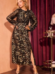 Love & Roses Black Leopard Print Jacquard Twist Front Midi Dress - Image 1 of 4