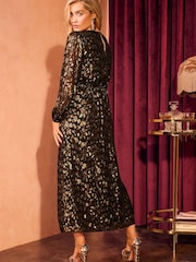 Love & Roses Black Leopard Print Jacquard Twist Front Midi Dress - Image 3 of 4