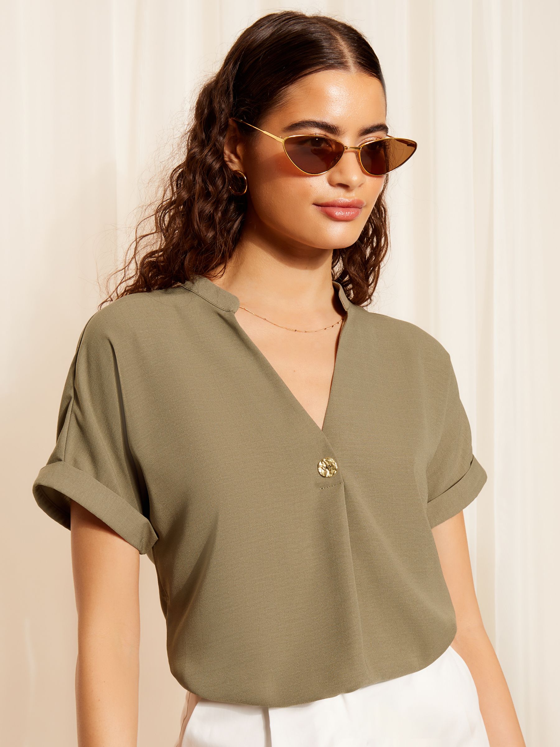 Buy Friends Like These Green V-Neck Roll Sleeve Button Blouse from the ...