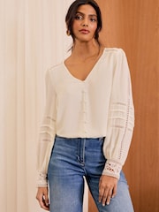 Love & Roses White Lace Cuff V-Neck Blouse - Image 2 of 4