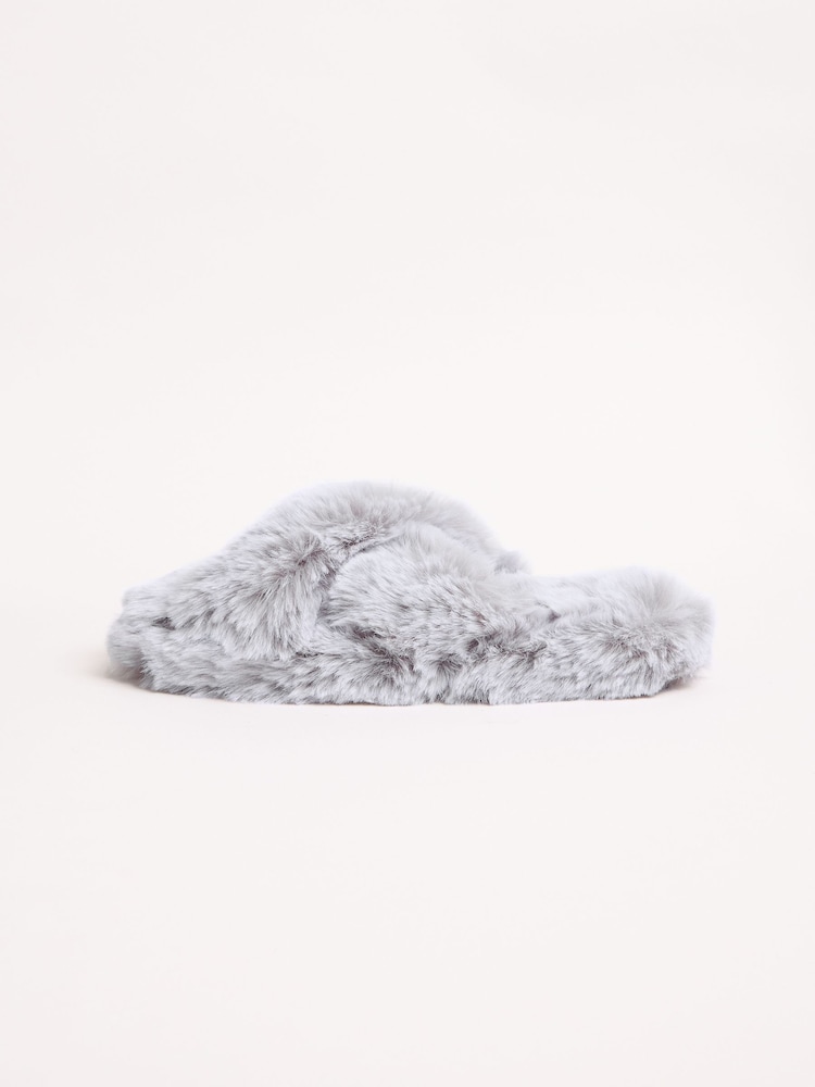 Lipsy Grey Cross Strap Super Soft Faux Fur Nightwear Slippers - Image 5 of 5