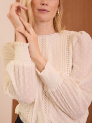 Love & Roses Cream Lace Dobby Crew Neck Long Sleeve Blouse - Image 6 of 8
