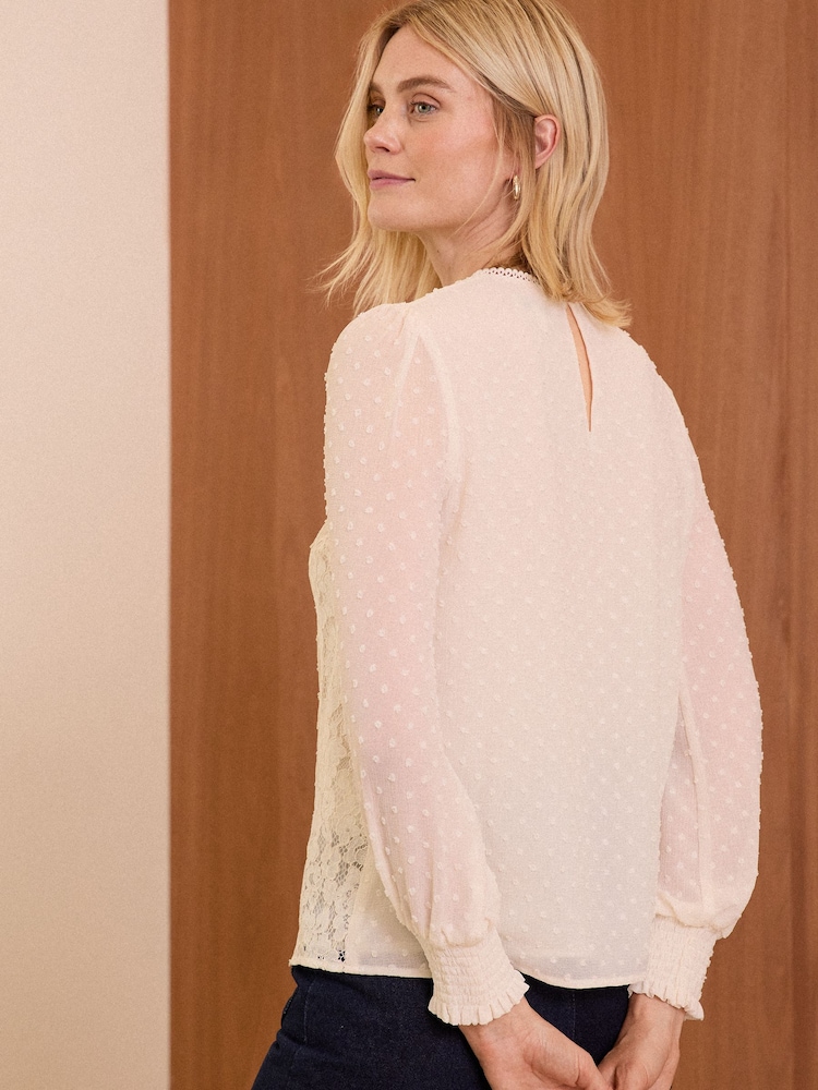 Love & Roses Cream Lace Dobby Crew Neck Long Sleeve Blouse - Image 8 of 8