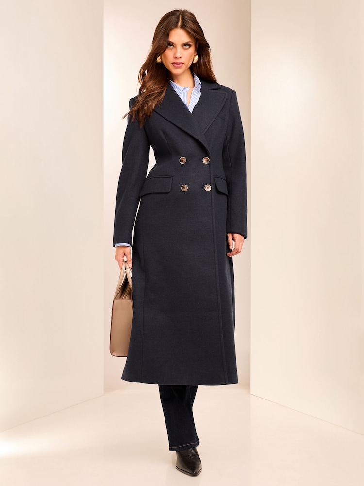 Lipsy Blue Petite Long Line Double Breasted Coat With Wool - Image 1 of 3