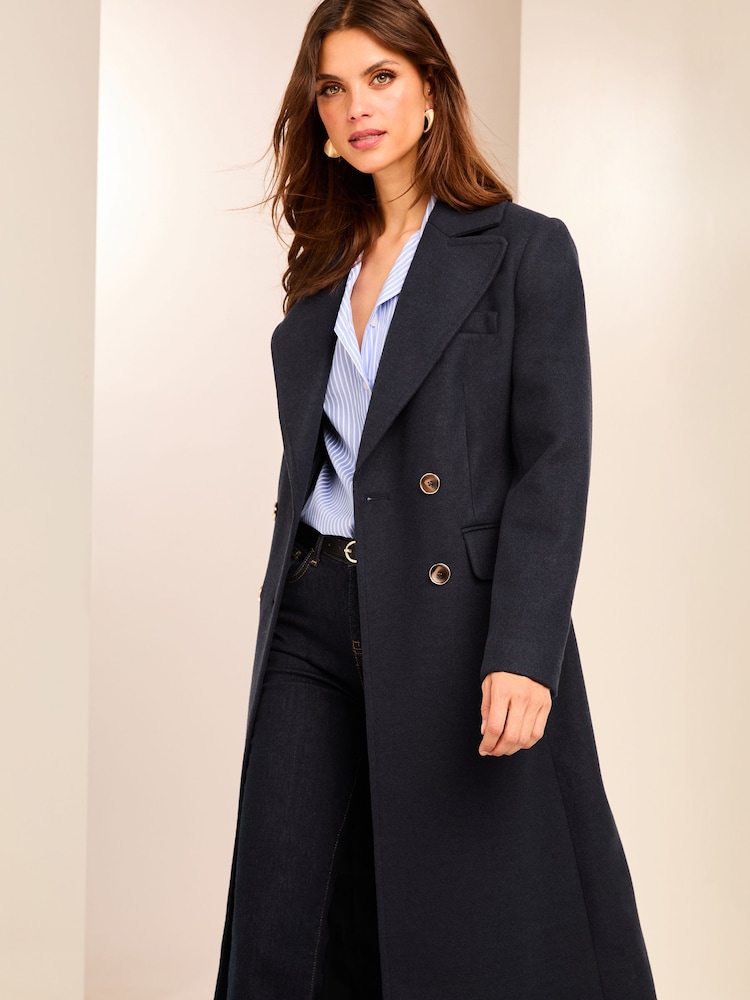 Lipsy Blue Petite Long Line Double Breasted Coat With Wool - Image 2 of 3