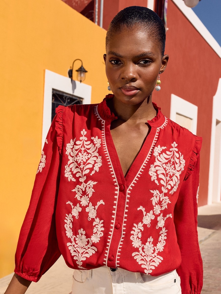 Love & Roses Red Pie Crust Detail 3/4 Sleeve Blouse - Image 1 of 4