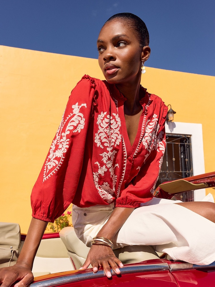 Love & Roses Red Pie Crust Detail 3/4 Sleeve Blouse - Image 2 of 4