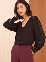 Love & Roses Black Lace Cuff V-Neck Blouse - Image 1 of 5