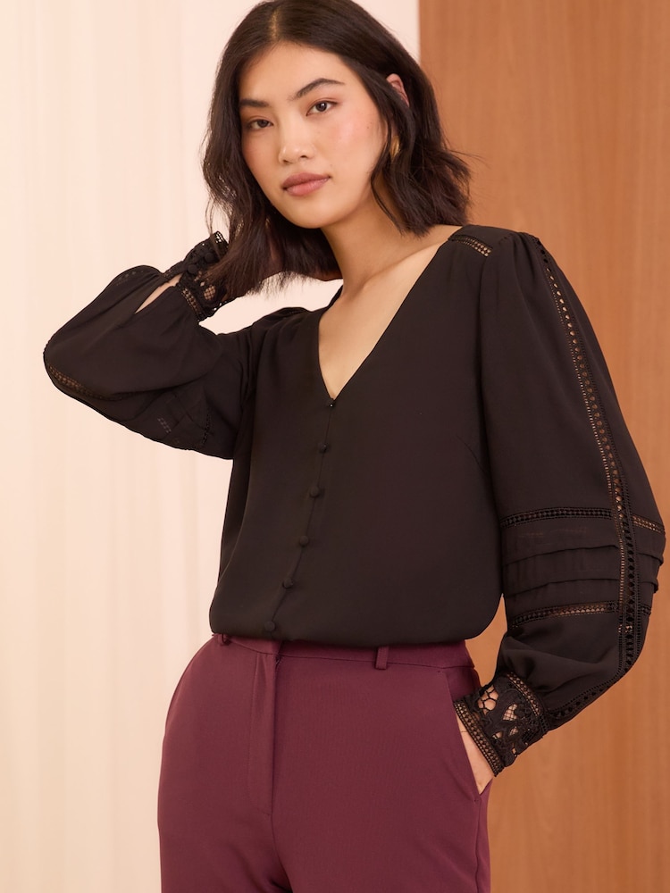 Love & Roses Black Lace Cuff V-Neck Blouse - Image 1 of 5