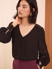 Love & Roses Black Lace Cuff V-Neck Blouse - Image 2 of 5