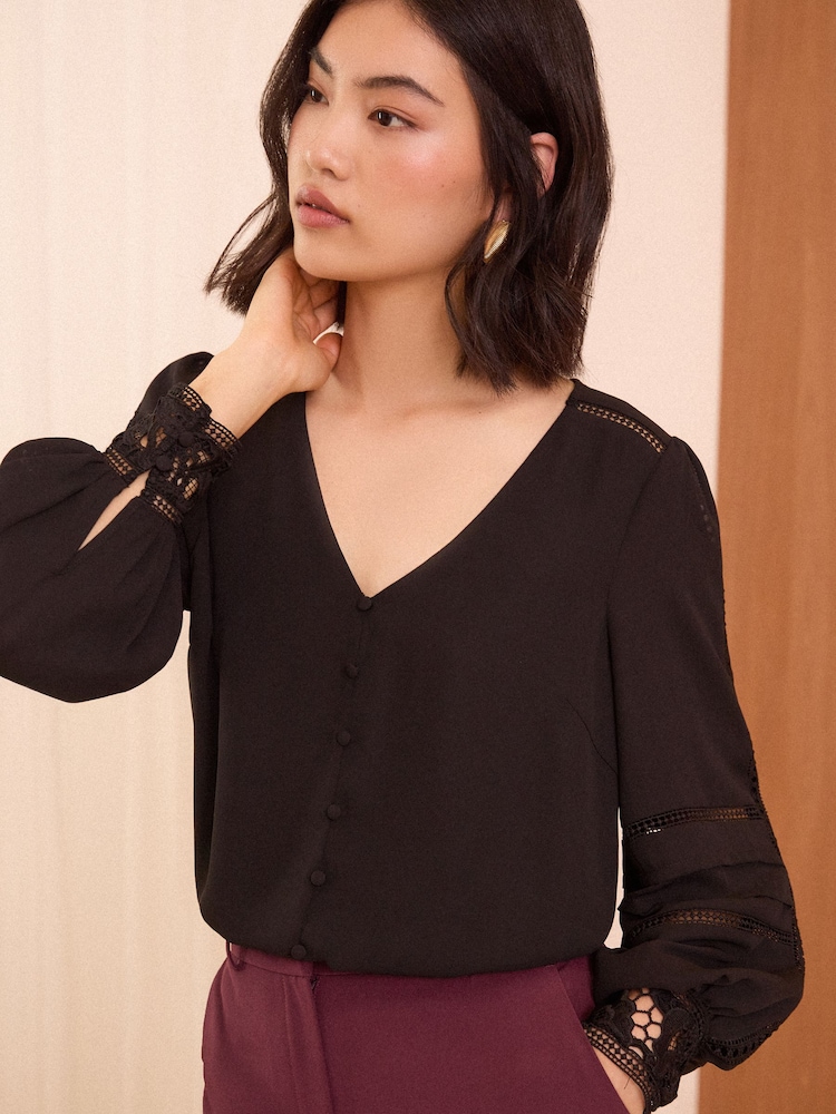 Love & Roses Black Lace Cuff V-Neck Blouse - Image 2 of 5 Love & Roses Black Lace Cuff V-Neck Blouse - Image 2 of 5