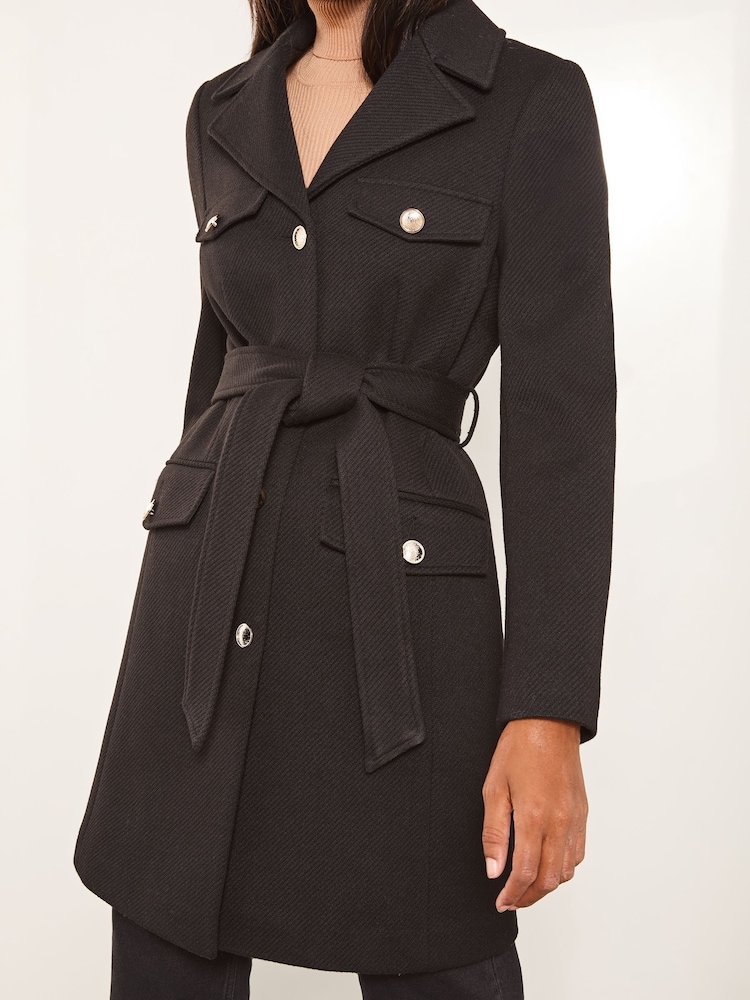 Lipsy Black Military Button Through Belted Coat - Image 2 of 6