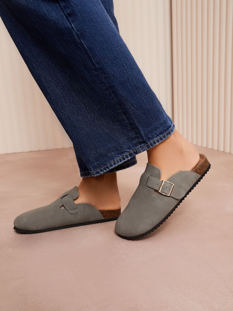 Friends Like These Grey Standard Fit Buckle Faux Suede Comfort Footbed Clogs - Image 3 of 5