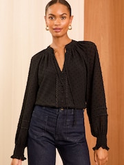 Love & Roses Black Tie Neck Dobby Blouse - Image 1 of 4