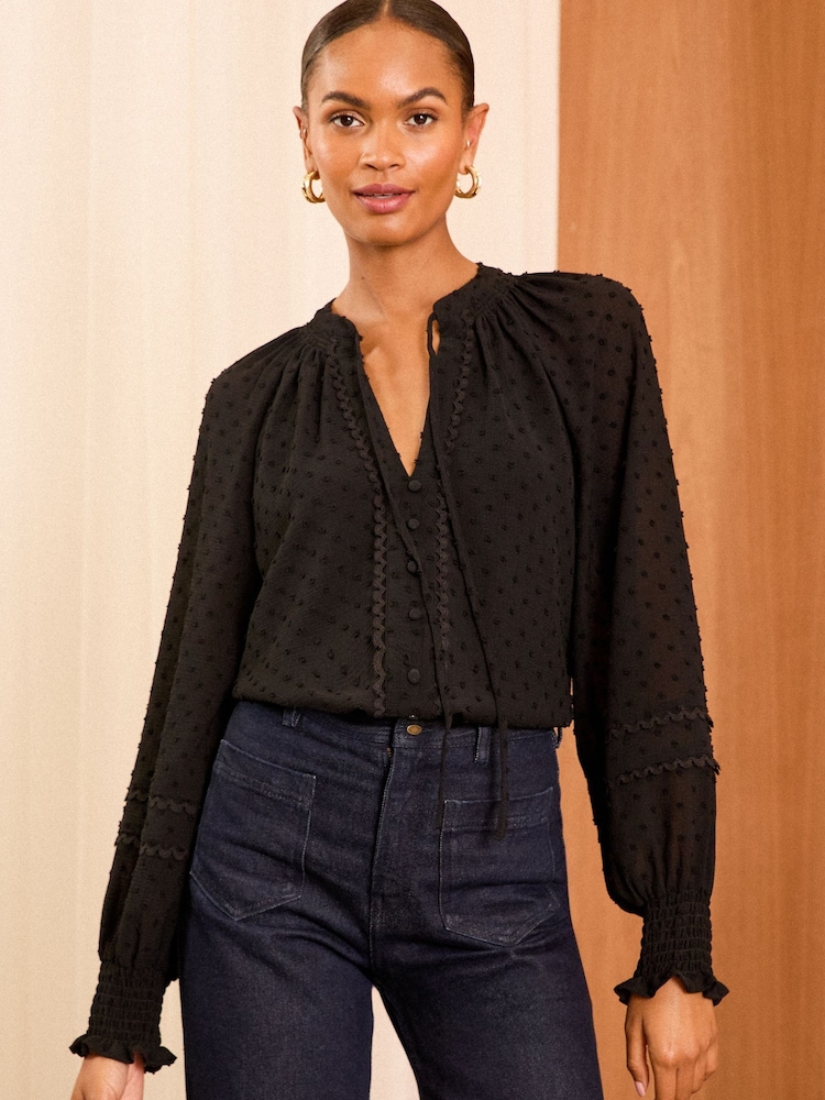 Love & Roses Black Tie Neck Dobby Blouse - Image 1 of 4