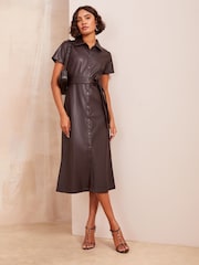 Friends Like These Chocolate Brown Faux Leather Midi Shirt Dress - Image 1 of 4