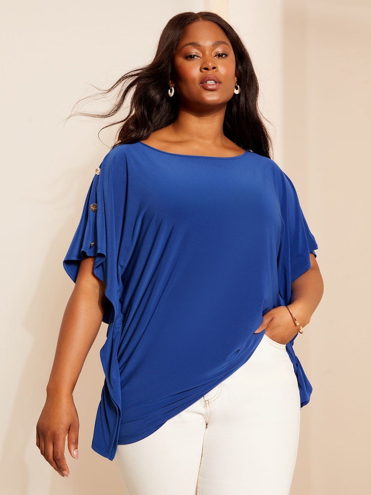 Curves Like These Blue Jersey Cape with Button Detail - Image 1 of 4 Curves Like These Blue Jersey Cape with Button Detail - Image 1 of 4