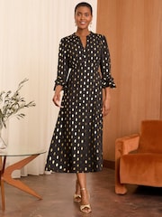 Love & Roses Black Dash Foil Flute Sleeve Midi Dress - Image 1 of 4