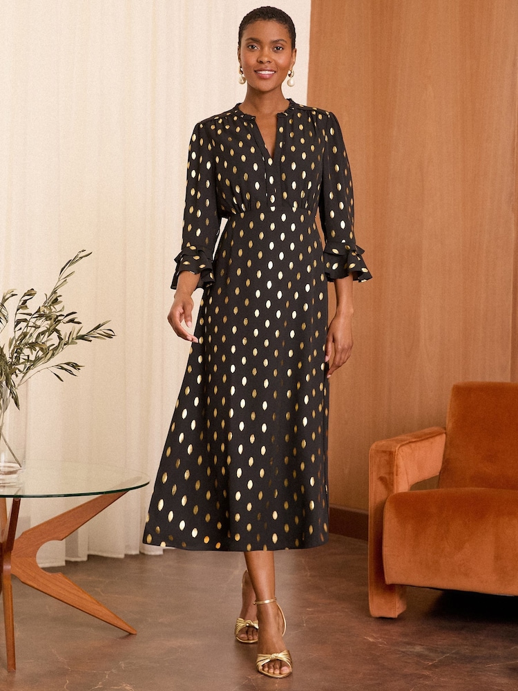 Love & Roses Black Dash Foil Flute Sleeve Midi Dress - Image 1 of 4