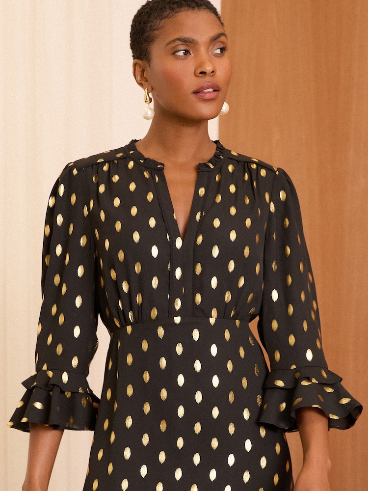 Love & Roses Black Dash Foil Flute Sleeve Midi Dress - Image 2 of 4