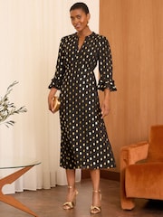 Love & Roses Black Dash Foil Flute Sleeve Midi Dress - Image 4 of 4