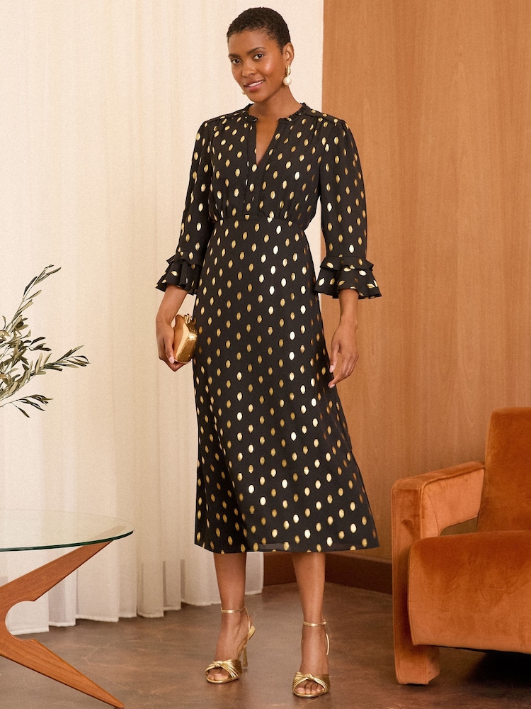 Love & Roses Black Dash Foil Flute Sleeve Midi Dress - Image 4 of 4