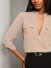 Lipsy Grey Zip Front Utility Pocket Blouse - Image 3 of 4