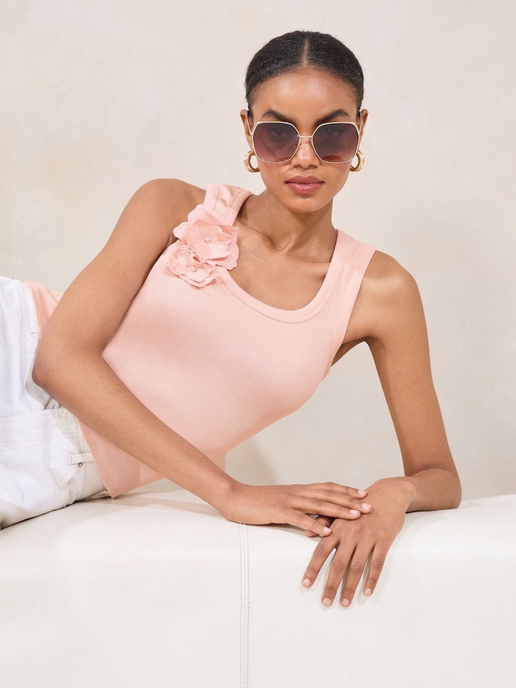 Lipsy Pink Flower Print Trim Detail Rib Vest Top - Image 1 of 4