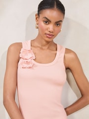 Lipsy Pink Flower Print Trim Detail Rib Vest Top - Image 2 of 4