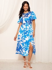 Friends Like These Blue Flutter Sleeve Printed Satin Midi Dress - Image 1 of 4